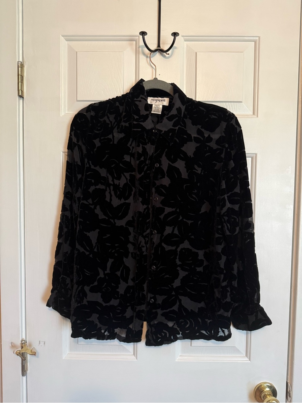 Easy Spirit Black Floral Burnout Velvet Button-Down Top
